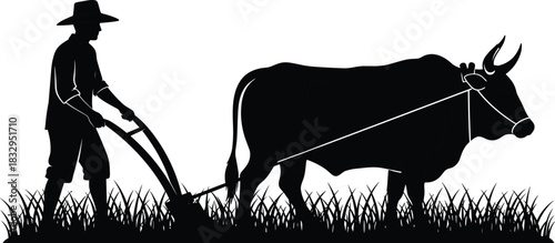 Black silhouette vector illustration of a rural farmer man ploughing the grassy agricultural field with a strong horned ox on white background.