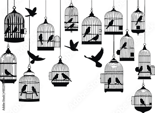 Birdcage silhouette vector set, flying birds, freedom concept, black icons, escape theme, hanging cages, flavector, nature design, contrast art, captivity vs liberation, white background