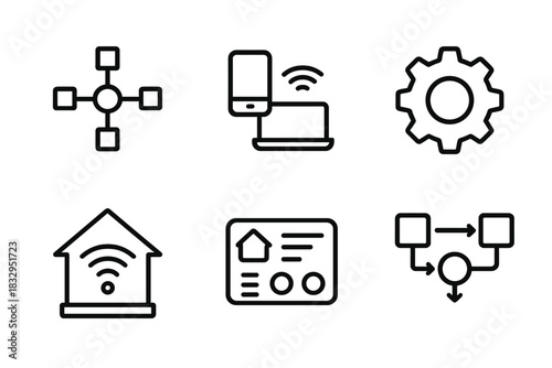 Home Tech Icons. Home Systems Integration Set linear icon set: network map, device cluster, settings gear, gateway hub, control panel, integration flow