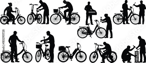 Bicycle, repair, silhouette, maintenance, riding, inspection, adjustment, tool, wrench, screwdriver, vector, black, pose, tray, seat, handlebar, wheel, interaction, task, flavector