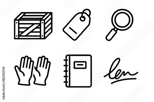 Collector's Essential Tools. Collector’s Passion linear icon set. crate, label tag, magnifying glass, gloves, notebook, signature
