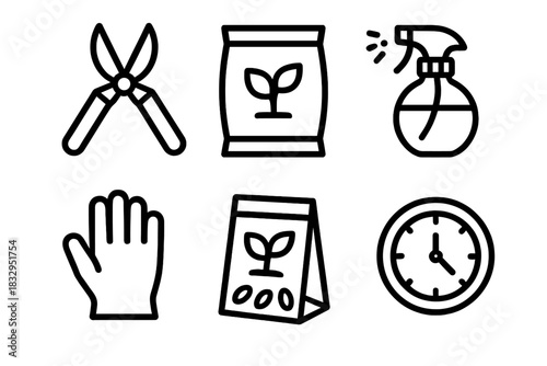 Garden Care Tools. Plant Care linear icon set: pruning shears, fertilizer bag, mist sprayer, glove, seed packet, clock