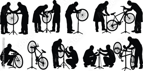 Bicycle Mechanic Silhouettes Vector Collection: People Repairing Bike Wheels, Maintenance, Service, Workshop Industry, Cycling Sport, Bike Shop, Black and White Flavector Art.