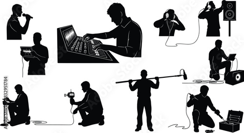 Audio, production, silhouette, sound, engineer, microphone, console, headphone, posture, speaker, vector, black, pose, setup, recording, monitoring, adjustment, equipment, technology, flavector