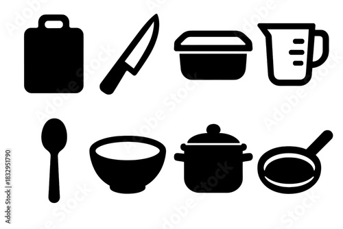 Brutalist Kitchen Essentials. Meal Prep Essentials silhouette icon set. cutting board, knife, container, measuring cup, spoon, bowl, pot, pan.