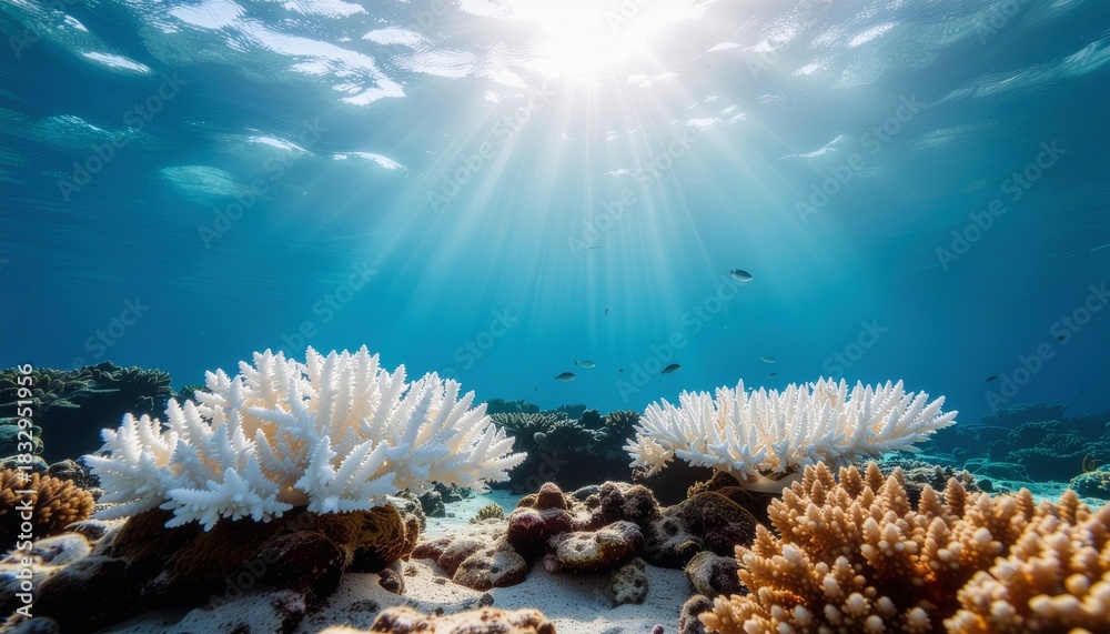 Fototapeta premium Underwater view of bleached and healthy coral reefs with sunlight piercing through the ocean surface.