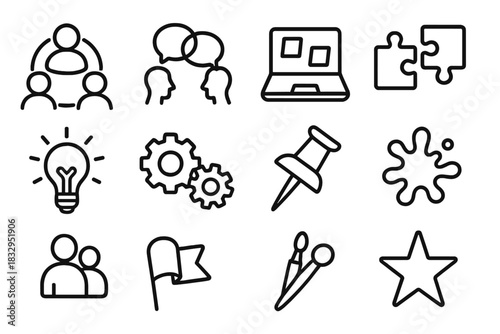 Teamwork and Innovation Icons. Collaborative creation linear icon set. people circle, idea exchange, chat bubble, shared workspace, laptop, sticky notes, puzzle connection