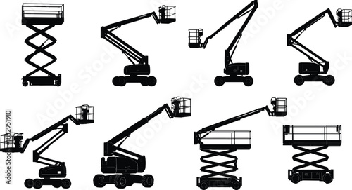 Aerial lift, boom lift, scissor lift, construction equipment, industrial access, silhouette vector, platform lift, illustration, machinery, flavector