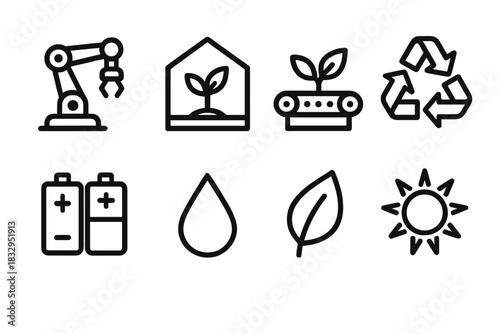 Eco Automation Icons. Eco Automation linear icon set. robotic arm, greenhouse, conveyor belt, recycling symbol, battery pack, water droplet, leaf, sun