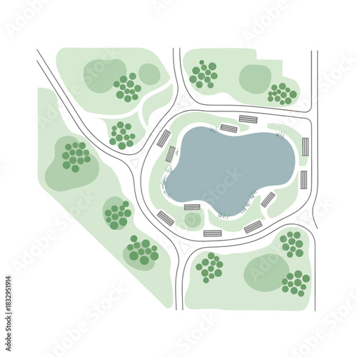 Top-down vector illustration of a park or community layout with a central lake, roads, and trees.