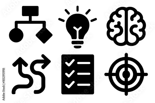 Brutalist Decision Icons. Decision Making silhouette icon set. flowchart diagram, light bulb idea, brain icon, path arrows, checklist, target symbol.