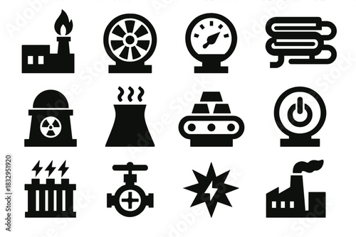 Bold Energy Icons. Industrial Energy Generation silhouette icon set: gas plant, steam turbine, control gauge, heat exchanger, nuclear reactor, cooling tower, conveyor belt, power