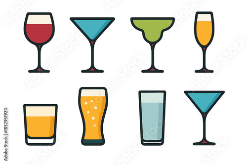 Colorful Glassware Icons. Elegant Glassware Icons set flat icons set. wine goblet, cocktail glass, margarita cup, champagne flute, whiskey tumbler, beer pint, tall water glass