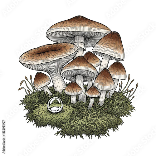 Detailed illustration of a cluster of brown-capped mushrooms growing on vibrant green moss with a small reflective orb.