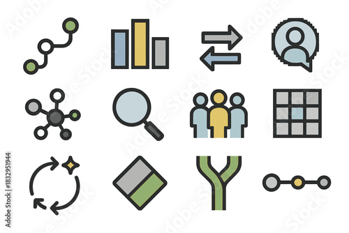 Tech Icons Overview. Collaborative Tech Alignment pixel style icon set: roadmap line, feature alignment bars, integration arrows, stakeholder bubble, connection nodes, clarity lens