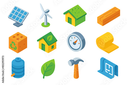 Eco Construction Icons. Eco-friendly construction flat icon set: solar panel, wind turbine, green roof, wooden beam, recycled brick, eco house, energy meter, insulation roll, water