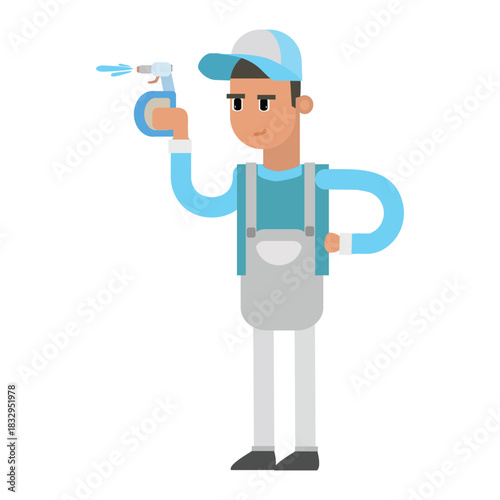 Cleaner holding a spray bottle and wiping cloth, sanitizing a surface