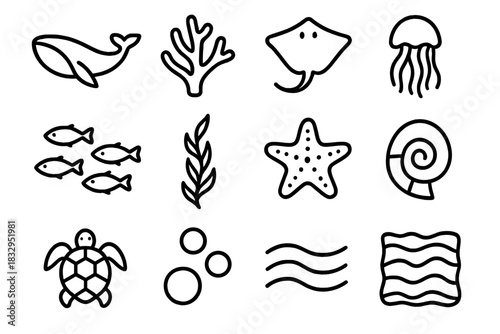 Oceanic Icons Collection. Oceanic Animal Forms linear icon set: whale arc, reef coral limb, stingray disc, jelly veil, schooling fish line, kelp stripe, starfish mark, spiral shell