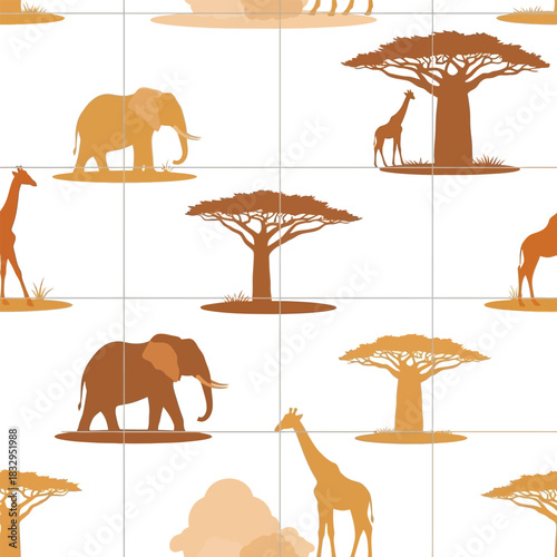 Seamless tileable pattern with African elephants, giraffes, and savanna trees.