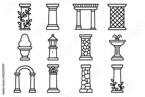 Ornate Garden Columns. Garden pavilion columns linear icon set. ivy-wrapped column, sandstone pillar, pergola post, lattice column, topiary base, lantern-topped pillar, mosaic tile