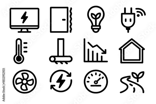 Energy Efficiency Icons. Energy-Efficient Home Symbols linear icon set: power monitor screen, insulated door seal, eco-friendly bulb, smart plug, balanced temperature bar, draft