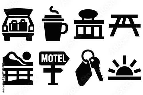 Brutalist Weekend Icons. Weekend Getaway silhouette icon set. car trunk with bags, coffee cup, roadside diner, picnic table, scenic overlook, motel sign, keychain, sunrise.