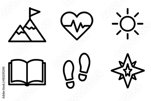 Journey Symbols Collection. Fulfillment Journey linear icon set. mountain peak, flag, heart pulse, sunray, book, footprints, compass, star