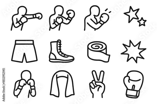 Boxing Icons Collection. Boxing icons linear icon set: left jab, right hook, uppercut, knockout star, boxing shorts, sports shoes, tape roll, punch impact, guard pose, sweat towel