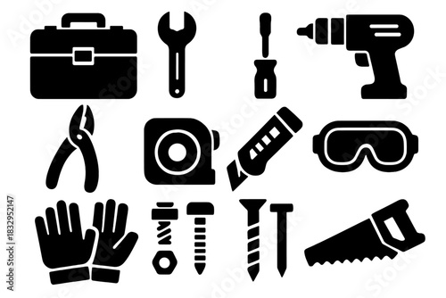 Brutalist Toolbox Icons. Construction Toolbox silhouette icon set. hard case toolbox, wrench, screwdriver, drill, pliers, tape measure, utility knife, safety goggles, gloves, bolts
