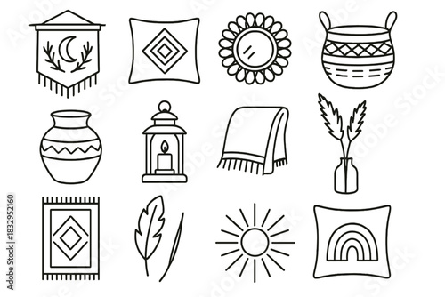Boho Decor Icons. Boho decor linear icon set. tapestry, cushion, rattan mirror, woven basket, ceramic pot, lantern, blanket, pampas grass, pillow, rug, feather, sunburst