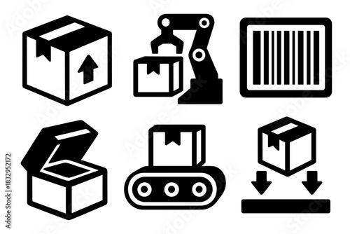 Brutalist Package Icons. Package Handling silhouette icon set. delivery box, robotic arm, barcode, open hatch, conveyor belt, package drop-off
