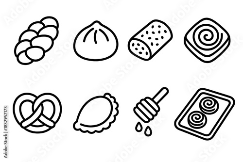 Global Pastry Icons. Global Pastries linear icon set. challah braid, bao bun, sticky rice roll, Danish pastry, pretzel, sweet empanada, honey drizzle, tray
