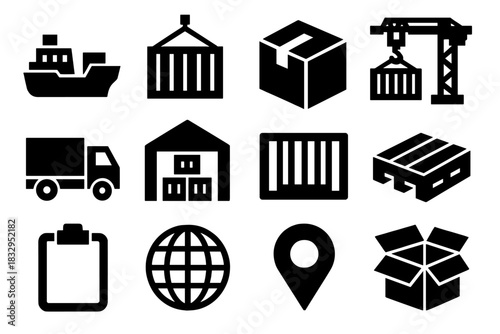 Bold Cargo Icons. Cargo silhouette icon set: cargo ship, container, box, crane, truck, warehouse, barcode, pallet, clipboard, globe, map pin, package
