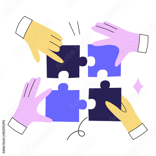 Different hands holding puzzle pieces. Vector illustration in a playful style with a problem-solving concept.