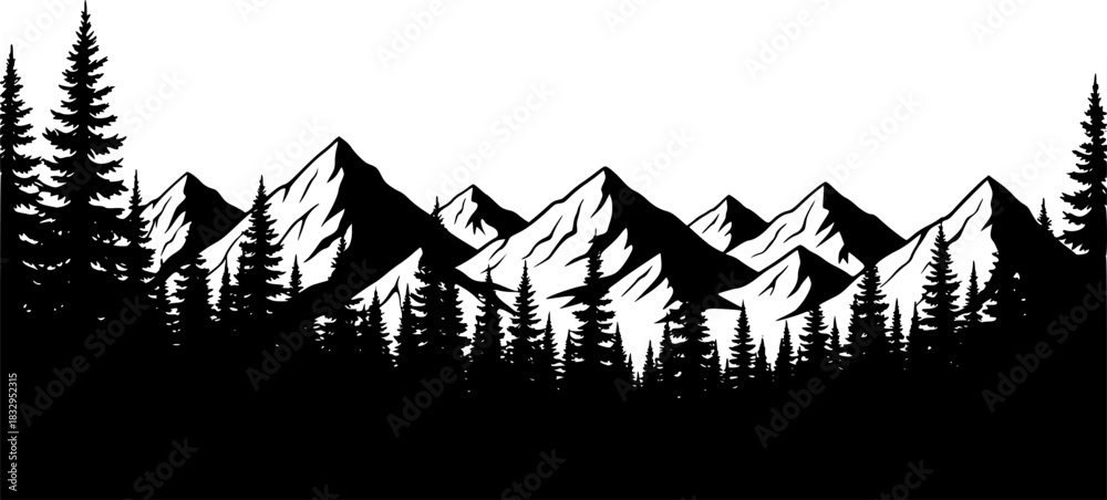 Obraz premium Mountain range and pine forest silhouettes evergreen trees black and white 