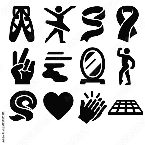 Brutalist Dance Icons. Dance expression silhouette icon set. ballet shoes, dancer, ribbon, scarf, hand gesture, motion lines, mirror, pose, stage floor, fabric swirl, heart