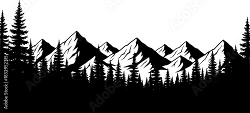 Mountain range and pine forest silhouettes evergreen trees black and white
