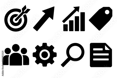 Brutalist Vector Icons. Marketing Target Set silhouette icon set. bullseye, arrow, chart, tag, people, gear, magnifier, document.