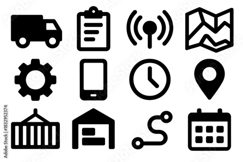 Fleet Icon Set. Fleet Management silhouette icon set. truck, clipboard, GPS signal, route map, gear, smartphone, clock, map pin, cargo container, warehouse, route line, calendar.