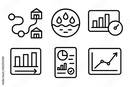 Resource Management Icons. Resource Management Models Set linear icon set: supply chain path, resource pool, bar allocation, usage tracker, metrics panel, improvement arrow