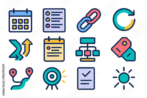 Modern Minimalist Icon Set. Project Alignment Collection flat icon set: schedule sheet, checklist board, group link, update icon, process arrow, meeting note, workflow lane