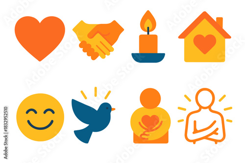 Heartfelt Icon Harmony. Heartfelt connection flat icon set : heart, joined hands, candle flame, home, smile, dove, light aura, hug symbol