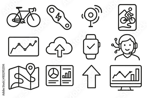 Cycling Analytics Icons. Smart Training linear icon set. connected bike, power meter, cadence sensor, smartphone app, virtual route, graph chart, data cloud, smartwatch, AI coach