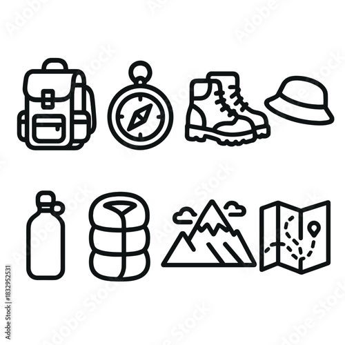 Outdoor Essentials Icons. Outdoor Exploration linear icon set. backpack, compass, hiking boots, hat, water flask, sleeping bag, mountain, map