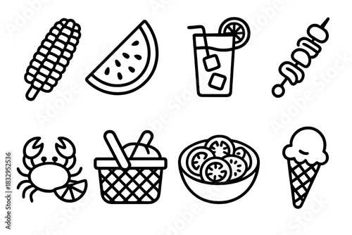 Summer Food Icons. Summer Dishes linear icon set. grilled corn, watermelon, iced drink, skewer, seafood plate, picnic basket, tomato salad, ice cream cone