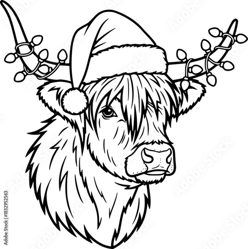 Black and white Highland cow Christmas SVG outline, ideal for Cricut crafts, coloring pages, and festive DIY projects.
