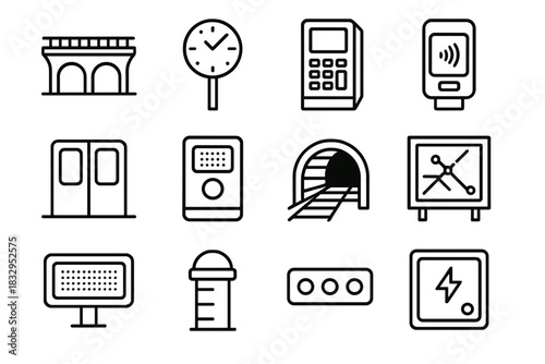Metro Icons Collection. Metro infrastructure linear icon set: bridge link, platform clock, ticket machine, card reader, train door, intercom, tunnel arch, map board, LED display