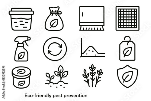 Eco Pest Control Icons. Eco-Friendly Pest Prevention Symbols linear icon set: sealed food container, natural deterrent sachet, door sweep, window screen icon, plant-based spray