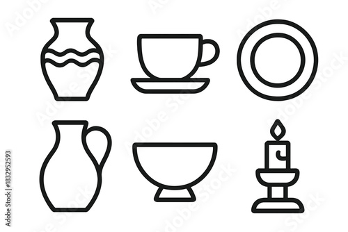 Outline Icons Collection. Handcrafted Designs linear icon set: vase, teacup, plate, jug, bowl, candle holder