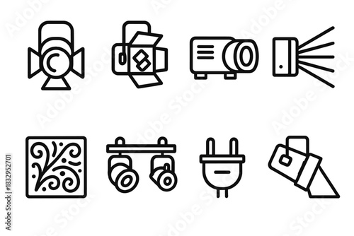 Facade Lighting Icons. Event Facade Lighting linear icon set: stage light, color filter, projector, laser beam, decorative pattern, light rig, power plug, spotlight beam